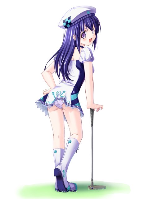 atsushima you, arin (pangya), pangya, 1girl, back, beret, blue hair, boots, dress, female focus, from behind, golf, golf club, hand on own hip, hat, hip focus, knee boots, long hair, looking back, open mouth, panties, pantyshot, short dress, solo, standing, underwear, white panties