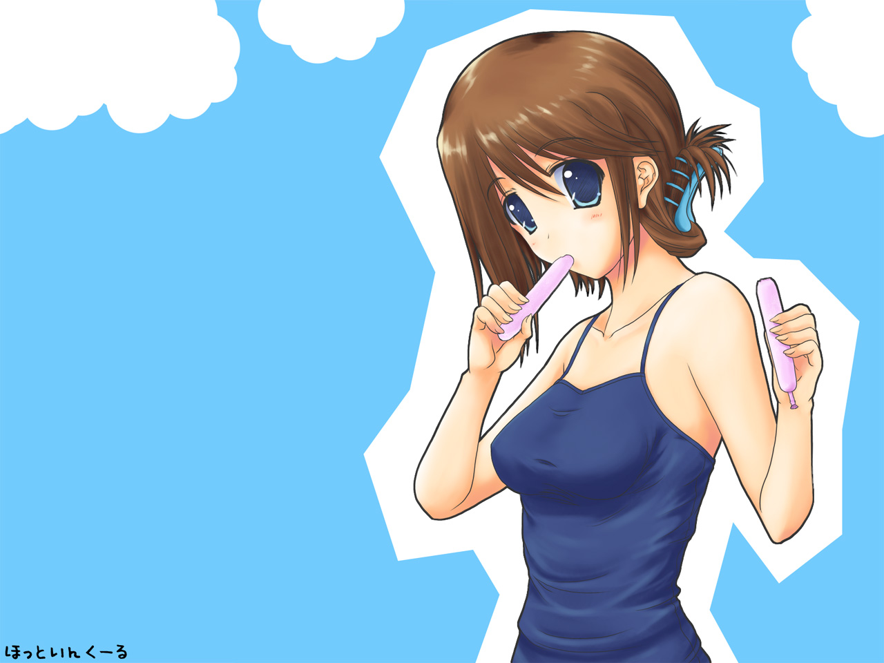 komaki manaka, to heart (series), to heart 2, 00s, 1girl, blue background, female focus, folded ponytail, hair between eyes, one-piece swimsuit, school swimsuit, solo, swimsuit, tupet