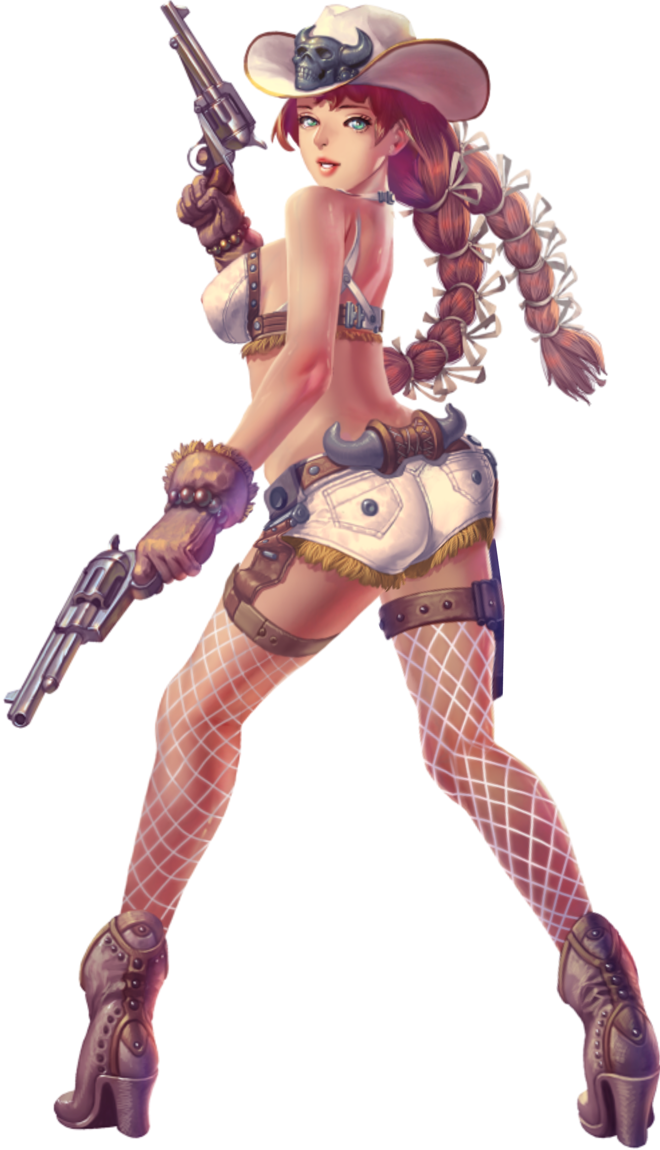crystal maiden (series), artist request, game cg, highres, official art, variant set, 1girl, ass, bare arms, bare back, bare shoulders, bow, breasts, colt single action army, covered erect nipples, cowboy hat, dual wielding, fishnet pantyhose, fishnets, from behind, full body, gloves, green eyes, gun, hair bow, handgun, hat, high heels, holding, kneepits, leather, leather gloves, long hair, looking at viewer, micro shorts, multiple hair bows, open mouth, pantyhose, revolver, shorts, sideboob, skull ornament, solo, transparent background, vanille (crystal maidens), weapon