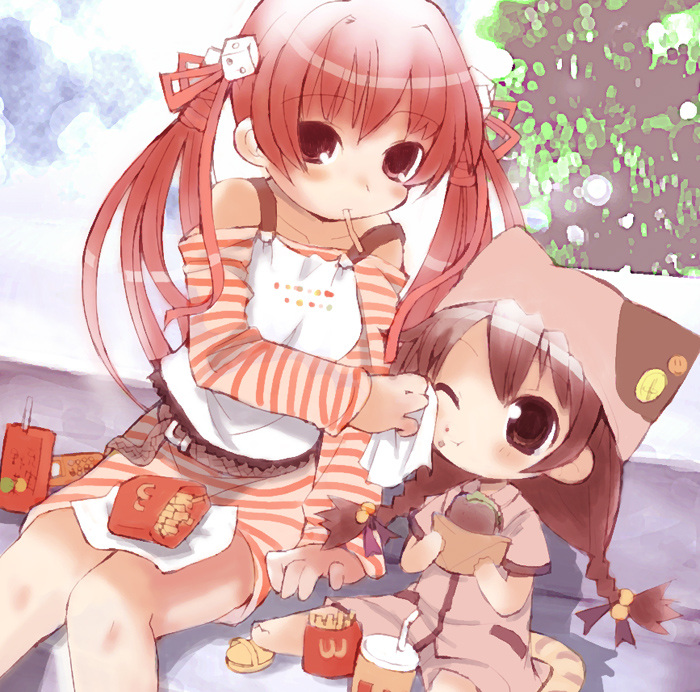 saxyun, puchiko, usada hikaru, broccoli (company), di gi charat, mcdonald's, wcdonald's, striped, 2girls, animal hat, bare shoulders, bib, braid, brand name imitation, casual, chibi, child, eating, food, food on face, hat, mouth hold, multiple girls, one eye closed, twin braids, wacdonald, wink, wiping