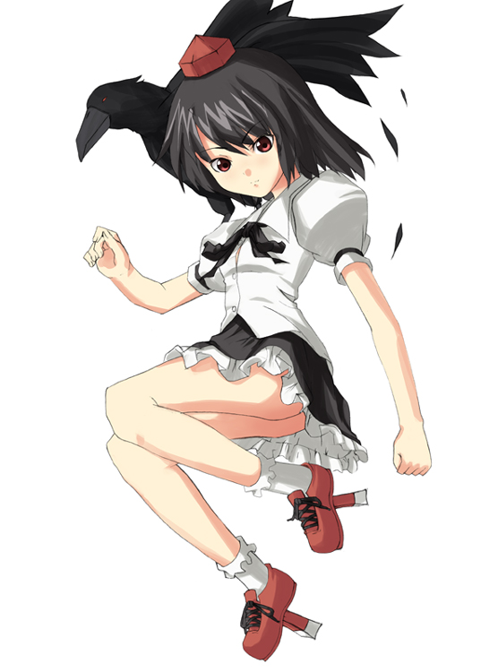 date (senpen), shameimaru aya, touhou, 1girl, animal, animal on shoulder, bird, bird on shoulder, black hair, crow, female focus, geta, hat, looking at viewer, red eyes, red hat, ribbon, short hair, skirt, solo, tengu-geta, tokin hat