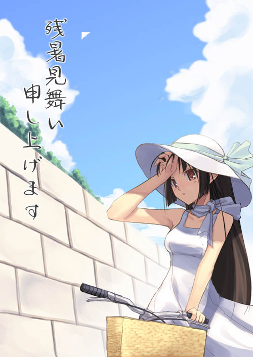 shingo (missing link), original, 1girl, basket, bicycle, blue sky, brick wall, brown eyes, brown hair, cloud, day, dress, female focus, hat, hat ribbon, long hair, outdoors, parted lips, pink eyes, ribbon, scarf, sidelocks, sky, sleeveless, sleeveless dress, solo, sun hat, sundress, sunlight, white dress