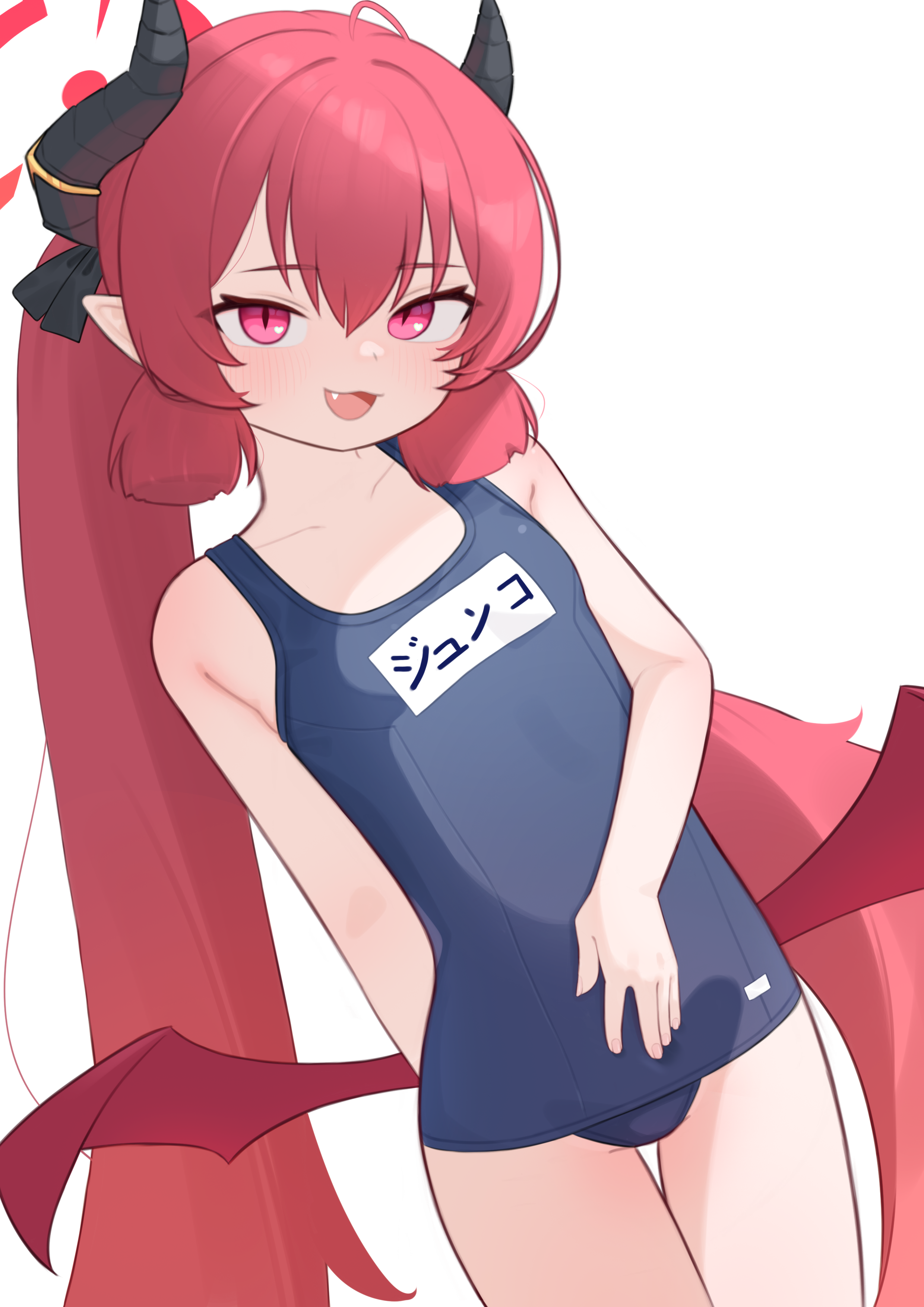 rabbitballoon, junko (blue archive), blue archive, absurdres, commentary, highres, 1girl, :3, arm behind back, black horns, blue one-piece swimsuit, breasts, character name, cowboy shot, demon girl, demon horns, demon wings, fang, halo, horns, long hair, looking at viewer, low wings, one-piece swimsuit, open mouth, pointy ears, red eyes, red hair, red halo, red wings, school swimsuit, simple background, small breasts, solo, swimsuit, thigh gap, twintails, very long hair, white background, wings