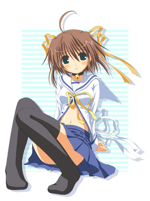 aikawa touma, asakura nemu, da capo, da capo i, 00s, 1girl, bell, black thighhighs, choker, female focus, jingle bell, midriff, navel, open clothes, open shirt, ribbon, shirt, solo, thighhighs, zettai ryouiki