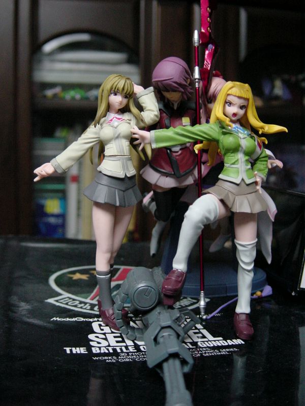 fujino shizuru, lunamaria hawke, suzushiro haruka, gundam, gundam seed, gundam seed destiny, my-hime, photo (medium), 00s, 4girls, angry, black socks, blonde hair, blue eyes, figure, kneehighs, leg lift, long hair, military, military uniform, multiple girls, pink hair, pleated skirt, purple hair, school uniform, serafuku, short hair, skirt, socks, thighhighs, white thighhighs, zettai ryouiki