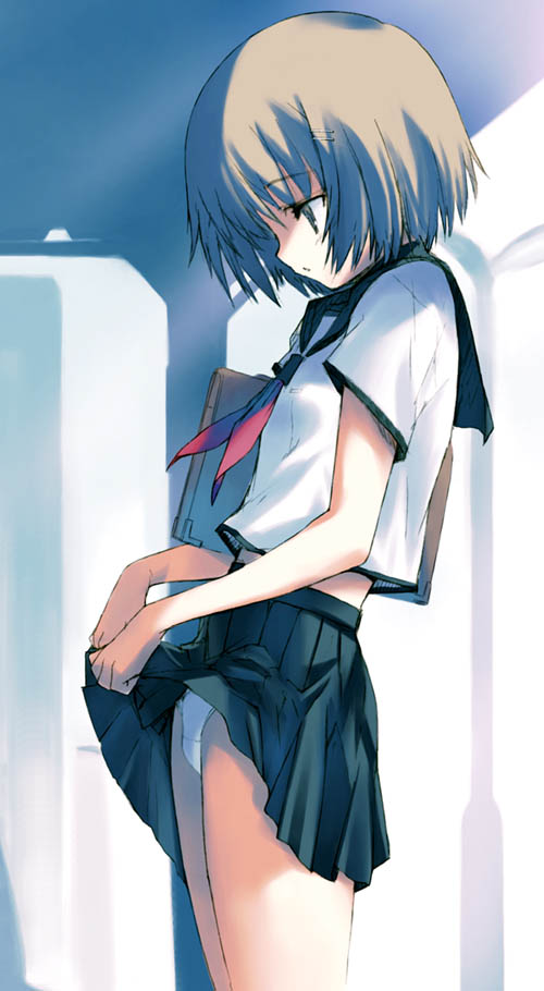 kawata hisashi, original, 1girl, brown hair, clothes lift, cowboy shot, female focus, hair ornament, hairclip, indoors, lifting own clothes, midriff, panties, pleated skirt, school uniform, serafuku, short hair, skirt, skirt lift, solo, underwear, white panties