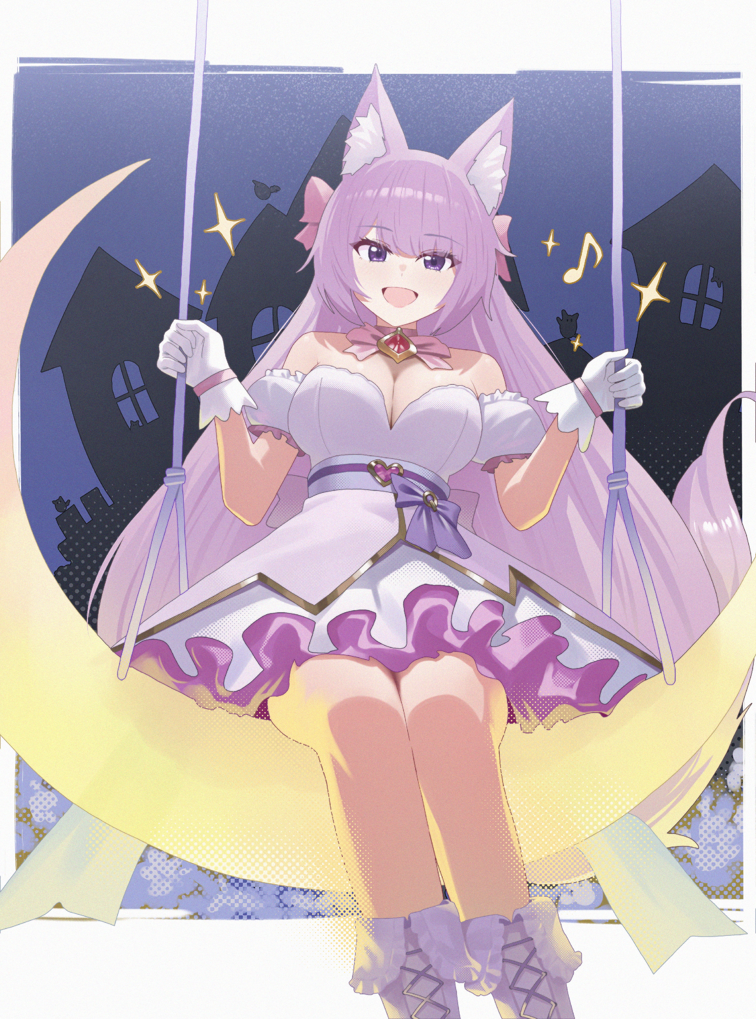 edgar syu, quon tama, indie virtual youtuber, absurdres, highres, 1girl, animal ear fluff, animal ears, bare shoulders, boots, breasts, cleavage, dress, frilled dress, frills, gloves, hanging, large breasts, long hair, looking at viewer, open mouth, pink dress, pink hair, purple eyes, very long hair, white gloves