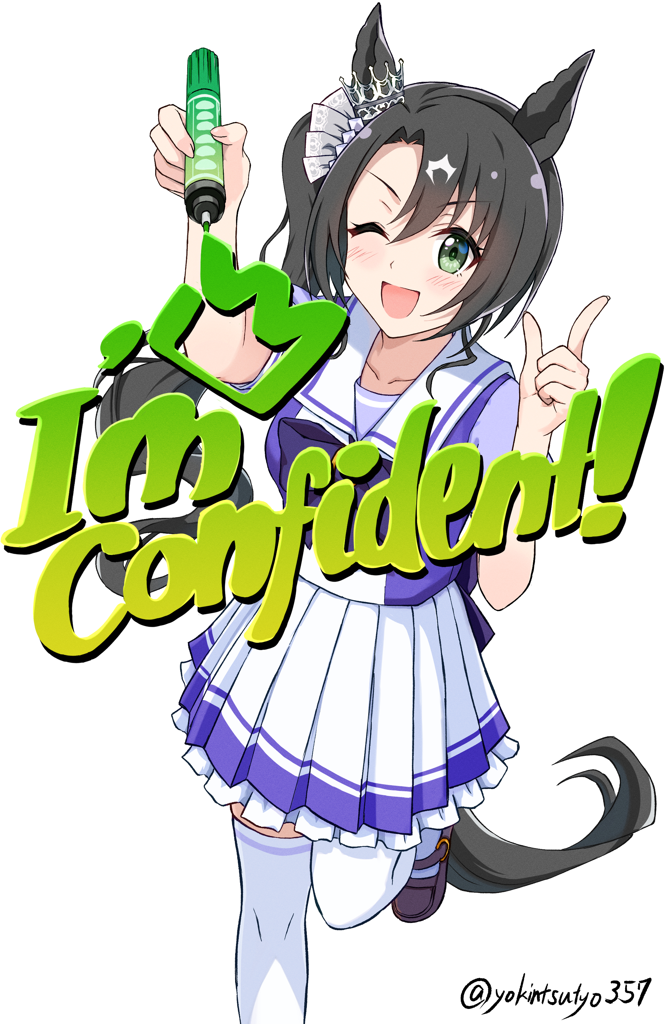 chokin tsucho, satono crown (umamusume), umamusume, absurdres, commentary request, highres, 1girl, ;d, animal ears, black hair, blush, bow, breasts, brown shoes, english text, frilled skirt, frills, green eyes, hair between eyes, hands up, holding, horse ears, horse girl, horse tail, index finger raised, long hair, looking at viewer, one eye closed, one side up, open mouth, pleated skirt, puffy short sleeves, puffy sleeves, purple bow, purple shirt, school uniform, shirt, shoes, short sleeves, skirt, small breasts, smile, solo, standing, standing on one leg, tail, thighhighs, tracen school uniform, twitter username, v-shaped eyebrows, very long hair, white skirt, white thighhighs