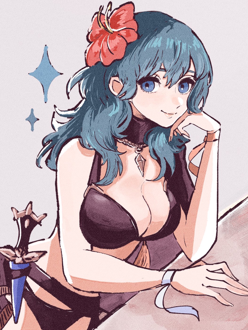 chimney (chimney0311), female byleth (fire emblem), female byleth (summer) (fire emblem), fire emblem, fire emblem: three houses, fire emblem heroes, nintendo, highres, 1girl, bare shoulders, bikini, black bikini, black cape, blue eyes, blue hair, breasts, cape, cleavage, closed mouth, dagger, flower, hair flower, hair ornament, hibiscus, knife, large breasts, long hair, looking at viewer, navel, official alternate costume, red flower, sheath, sheathed, smile, solo, swimsuit, weapon