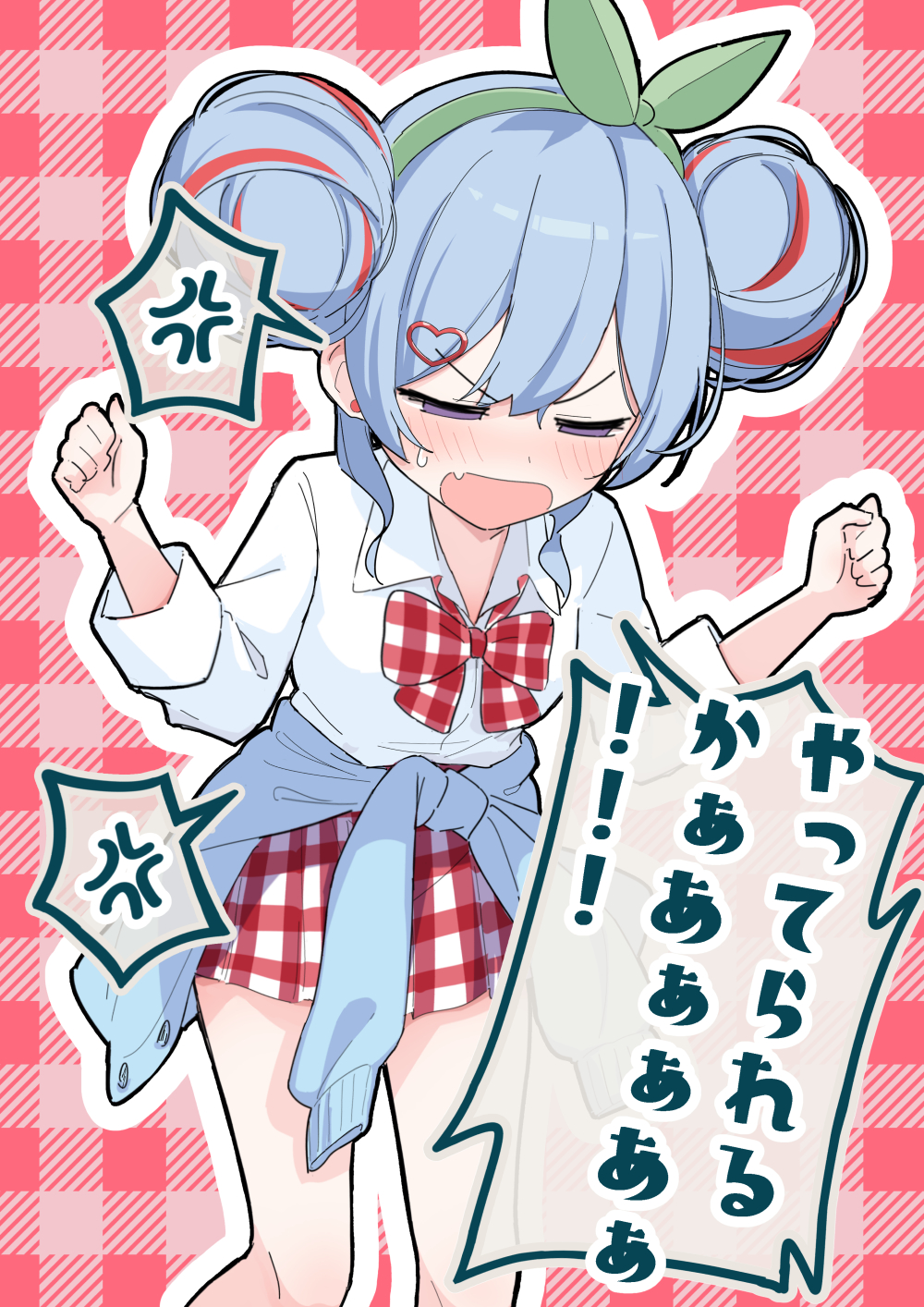 brat (brabrabrat00), hatsune miku, cherry pop (vocaloid), vocaloid, commentary request, highres, translation request, 1girl, anger vein, blue cardigan, blue hair, blush, bow, cardigan, cardigan around waist, clothes around waist, collared shirt, double bun, dress shirt, fang, feet out of frame, green hairband, green ribbon, hair bun, hair ornament, hair ribbon, hairband, half-closed eyes, heart, heart hair ornament, long sleeves, looking down, multicolored hair, outline, plaid background, plaid bow, plaid clothes, plaid skirt, pleated skirt, purple eyes, red hair, ribbon, school uniform, shirt, skirt, small sweatdrop, solo, spoken anger vein, streaked hair, sweat, v-shaped eyebrows, white outline, white shirt