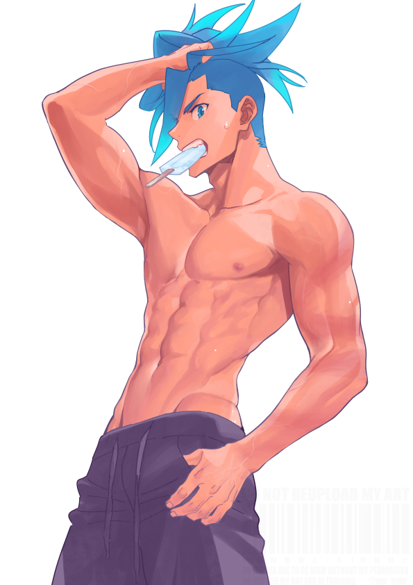 yon prmr, galo thymos, promare, commentary, symbol-only commentary, 1boy, abs, biceps, blue hair, cowboy shot, food, food in mouth, hot, looking at viewer, male focus, male underwear, male underwear peek, navel, nipples, pants, pectorals, popsicle, popsicle in mouth, short hair, solo, toned, toned male, topless male, underwear, veins, veiny arms