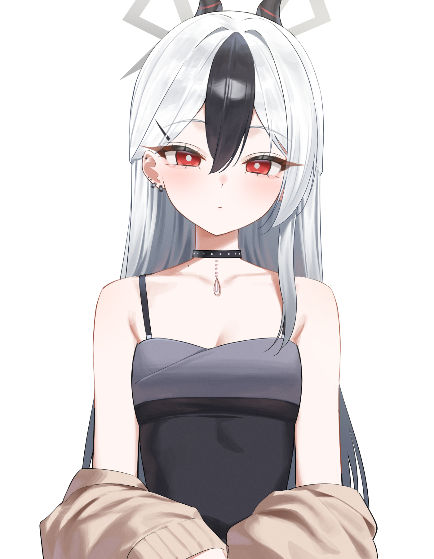 n4 h4m, kayoko (blue archive), kayoko (dress) (blue archive), blue archive, commentary, highres, 1girl, arms behind back, black choker, black dress, black hair, blush, breasts, brown cardigan, cardigan, choker, closed mouth, demon girl, demon horns, dress, grey halo, hair between eyes, halo, horns, long hair, looking at viewer, official alternate costume, official alternate hairstyle, red eyes, single bare shoulder, single off shoulder, small breasts, solo, strap slip, studded choker, white background, white hair