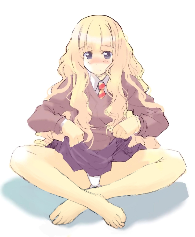 hermione granger, harry potter (series), wizarding world, barefoot, clothes lift, dress shirt, lifting own clothes, necktie, panties, pleated skirt, school uniform, serafuku, shirt, sitting, skirt, skirt lift, solo, sweater, underwear, white panties
