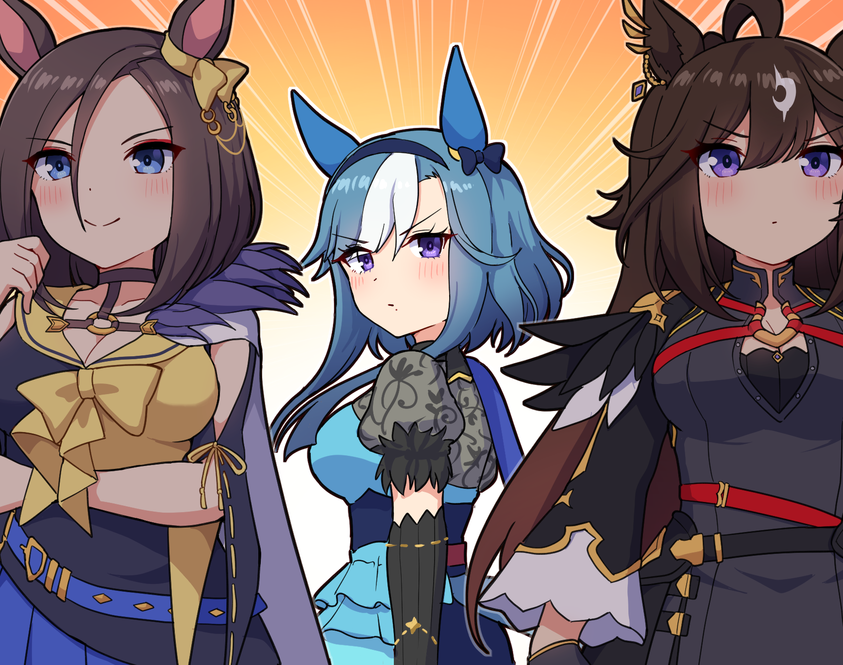 takiki, air groove (umamusume), duramente (umamusume), umamusume, commentary request, highres, >:), 3girls, admire groove (umamusume), ahoge, animal ears, arm under breasts, black dress, black gloves, black shirt, blue eyes, blue hair, blue skirt, blush, bow, breasts, brown background, brown hair, cleavage, closed mouth, dress, emphasis lines, forehead, gloves, gradient background, half gloves, horse ears, horse girl, horse tail, long hair, long sleeves, looking at viewer, looking to the side, medium breasts, mole, mole under mouth, multicolored hair, multiple girls, parted bangs, pleated skirt, puffy short sleeves, puffy sleeves, purple eyes, shirt, short sleeves, skirt, smile, tail, two-tone hair, v-shaped eyebrows, very long hair, white background, white hair, wide sleeves, yellow bow, yellow shirt