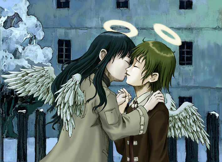 rakka (haibane), reki (haibane), haibane renmei, 00s, 2girls, black hair, brown hair, closed eyes, coat, halo, holding hands, interlocked fingers, kiss, long sleeves, multiple girls, shoulder grab, snow, static cling, traditional halo, wings, yuri