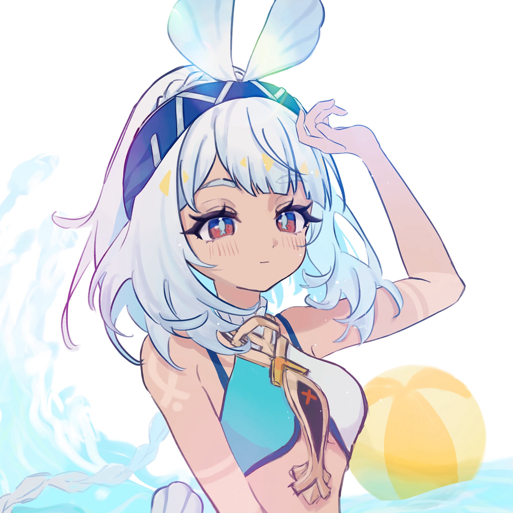 mualani (genshin impact), genshin impact, commentary request, highres, 1girl, arm up, ball, bare shoulders, beachball, blue hair, blue hairband, blush, braid, breasts, closed mouth, crop top, fish-shaped pupils, gradient hair, hairband, iy339, long hair, medium breasts, multicolored hair, red eyes, simple background, solo, symbol-shaped pupils, tan, upper body, water, white hair