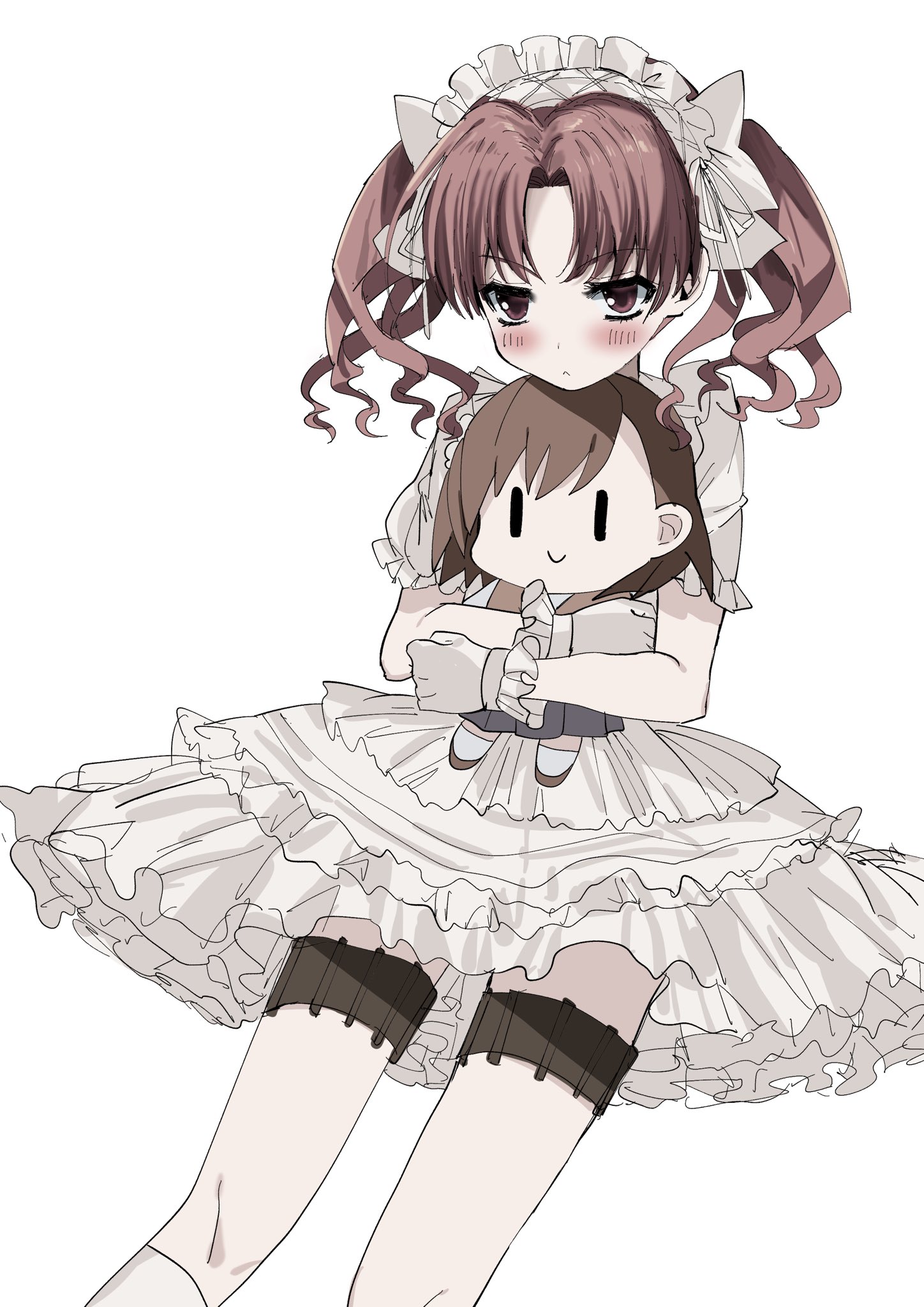 kasukasugom1, misaka mikoto, shirai kuroko, toaru kagaku no railgun, toaru majutsu no index, highres, 1girl, :<, alternate costume, blush, bow, brown eyes, brown hair, c:, character doll, closed mouth, doll, dress, feet out of frame, frilled dress, frilled gloves, frilled hairband, frilled sleeves, frills, frown, gloves, gothic lolita, hair bow, hairband, hugging doll, hugging object, lolita fashion, lolita hairband, looking at viewer, medium hair, parted bangs, petticoat, short dress, short sleeves, simple background, smile, solo, twintails, v-shaped eyebrows, white background, white bow, white dress, white gloves, white hairband, | |