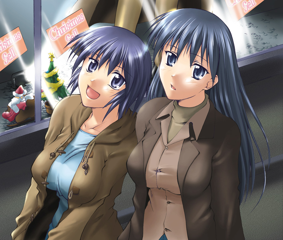 seura isago, kagura (azumanga daioh), sakaki (azumanga daioh), azumanga daiou, 2girls, christmas, dark skin, long hair, multiple girls, short hair