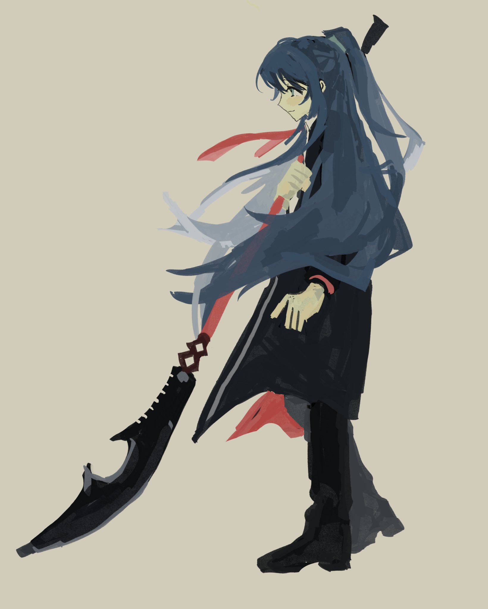 hong lu (project moon), limbus company, project moon, highres, 1boy, black coat, black hair, black pants, black shoes, blue eyes, coat, collared shirt, full body, guan dao, high ponytail, holding, holding weapon, long hair, long sleeves, looking to the side, male focus, pants, pantyhose, polearm, ponytail, pt0m14o, shirt, shoes, simple background, solo, standing, very long hair, weapon, white shirt, yellow background