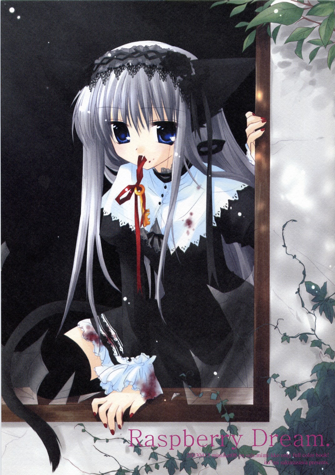 sakurazawa izumi, original, silver hair, highres, 1girl, animal ears, black thighhighs, blood, blood on clothes, blood on face, blue eyes, cat ears, dark, female focus, goth fashion, gothic lolita, hair between eyes, key, lolita fashion, long hair, mouth hold, nail polish, raspberry dream, red nails, ribbon, solo, thighhighs