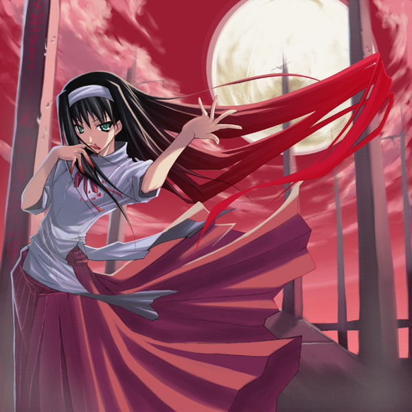 shingo (missing link), tohno akiha, tsukihime, 00s, 1girl, black hair, blood, blood on clothes, blood on hands, blue eyes, bow, dark, female focus, full moon, gradient hair, hairband, japanese clothes, long hair, long skirt, miko, moon, multicolored hair, red hair, red skirt, red sky, skirt, sky, solo, wind, wind lift