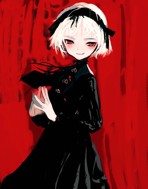 shimada fumikane, 1girl, albino, bob cut, dark, dress, fang, female focus, goth fashion, gothic lolita, hairband, lolita fashion, red background, red eyes, short hair, smile, solo, steepled fingers, vampire, white hair