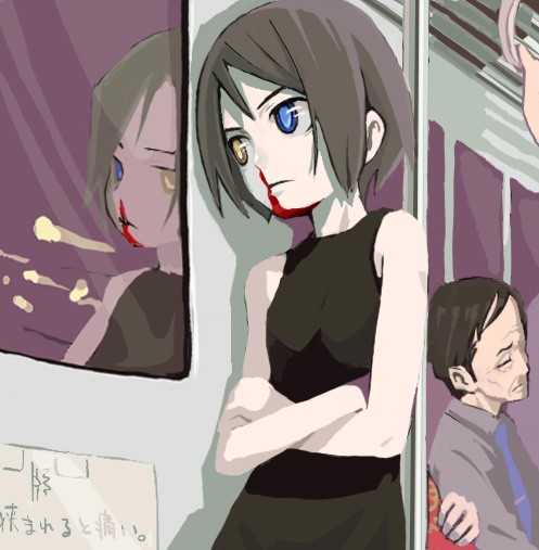 translated, 1boy, 1girl, black hair, blood, blood on face, blue eyes, crossed arms, goth fashion, heterochromia, leaning, nosebleed, reflection, short hair, train, train interior, yellow eyes