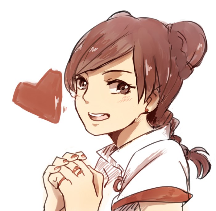 tenten (naruto), boruto: naruto next generations, naruto (series), 1girl, :d, brown eyes, brown hair, chinese clothes, double bun, earrings, hair bun, heart, jewelry, komachi (1767767), looking at viewer, ninja, open mouth, ring, simple background, smile, solo, upper body, white background