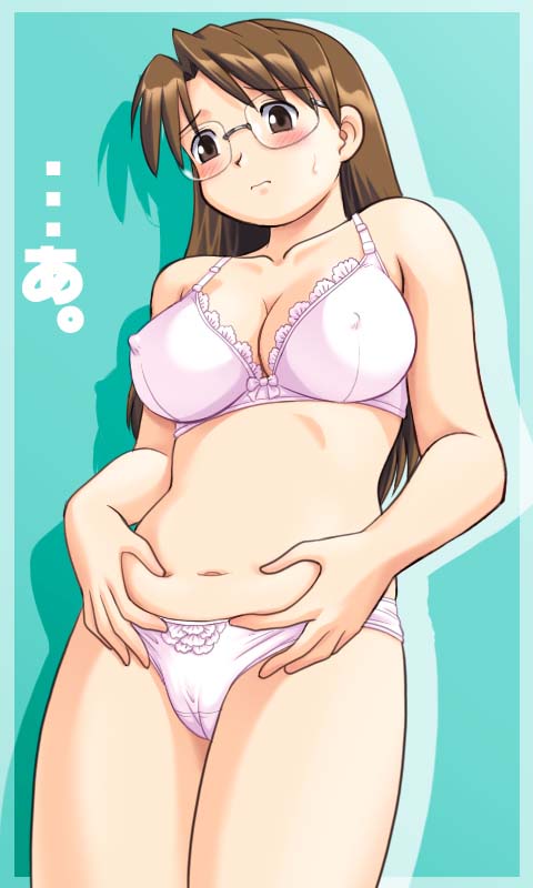 mizuhara koyomi, azumanga daiou, jpeg artifacts, translation request, 1girl, a (phrase), belly, belly grab, blush, bow, bow bra, bra, breasts, brown eyes, brown hair, cameltoe, cleavage, covered erect nipples, embarrassed, female focus, frilled panties, frills, glasses, large breasts, lingerie, navel, panties, pinching, pink bra, pink panties, plump, purple bra, purple panties, shadow, solo, standing, sweatdrop, underwear, underwear only, weight conscious