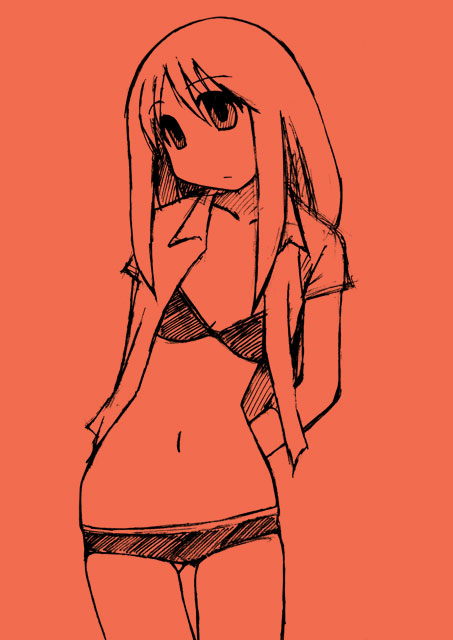 kasuga ayumu, azumanga daiou, 1girl, bra, female focus, flat chest, lingerie, monochrome, no pants, orange background, orange theme, panties, shirt, solo, underwear