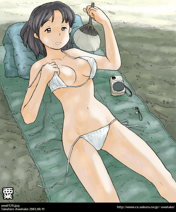 awatake takahiro, original, 00s, 1girl, 2003, bikini, black hair, breasts, dated, fanning self, female focus, hand fan, holding, holding fan, medium breasts, navel, no nipples, paper fan, shade, short hair, side-tie bikini bottom, solo, split mouth, sunbathing, sweat, swimsuit, uchiwa, undressing, untied bikini, watermark, web address, white bikini
