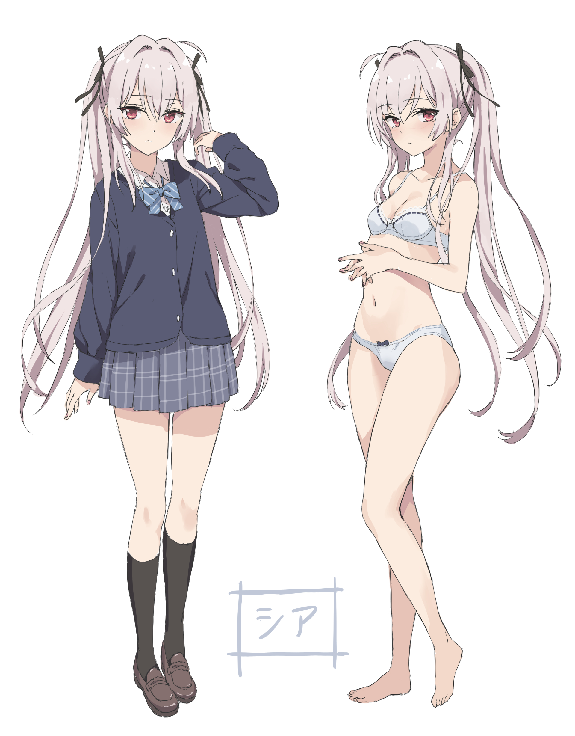 rasahan, original, absurdres, highres, translation request, 1girl, black ribbon, blue bow, blue bowtie, blue cardigan, bow, bow panties, bowtie, bra, breasts, cardigan, closed mouth, expressionless, full body, grey hair, hair between eyes, hair ribbon, light blush, long hair, long sleeves, looking at viewer, multiple views, own hands together, panties, plaid clothes, plaid skirt, red eyes, ribbon, school uniform, simple background, skirt, small breasts, striped bow, striped bowtie, striped clothes, twintails, underwear, white background, white bra, white panties