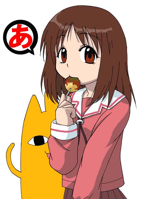 kasuga ayumu, mihama chiyo's father, azumanga daiou, jpeg artifacts, 1girl, a (phrase), brown eyes, brown hair, eating, female focus, flat color, food, pleated skirt, school uniform, serafuku, simple background, skirt, solo, speech bubble, takoyaki, white background