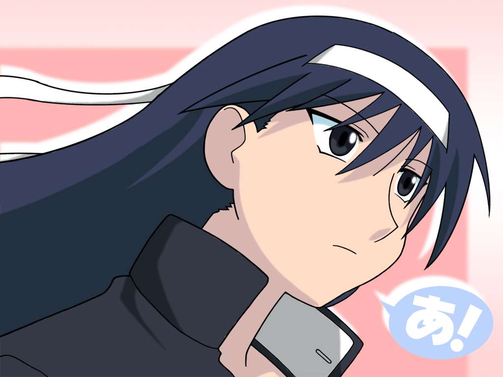 sakaki (azumanga daioh), azumanga daiou, derivative work, vector trace, 1girl, a (phrase), bandana, black eyes, blue hair, determined, female focus, frown, open collar, portrait, solo