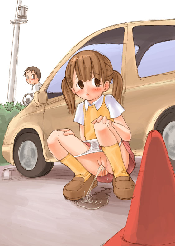 gouchin (nyou-tou), original, 1boy, 1girl, ball, blush, brown hair, brown shoes, bush, car, cleft of venus, hands on own knees, holding, loli, long hair, looking to the side, motor vehicle, open mouth, orange socks, outdoors, panties, panty pull, parking lot, pee, pee stain, peeing, public indecency, public nudity, puddle, pussy, shirt, shoes, short hair, short sleeves, shota, skirt, soccer ball, socks, squatting, stained panties, sweater vest, tears, traffic cone, twintails, uncensored, underwear, utility pole, wet, wet clothes, wet panties, white panties, white shirt