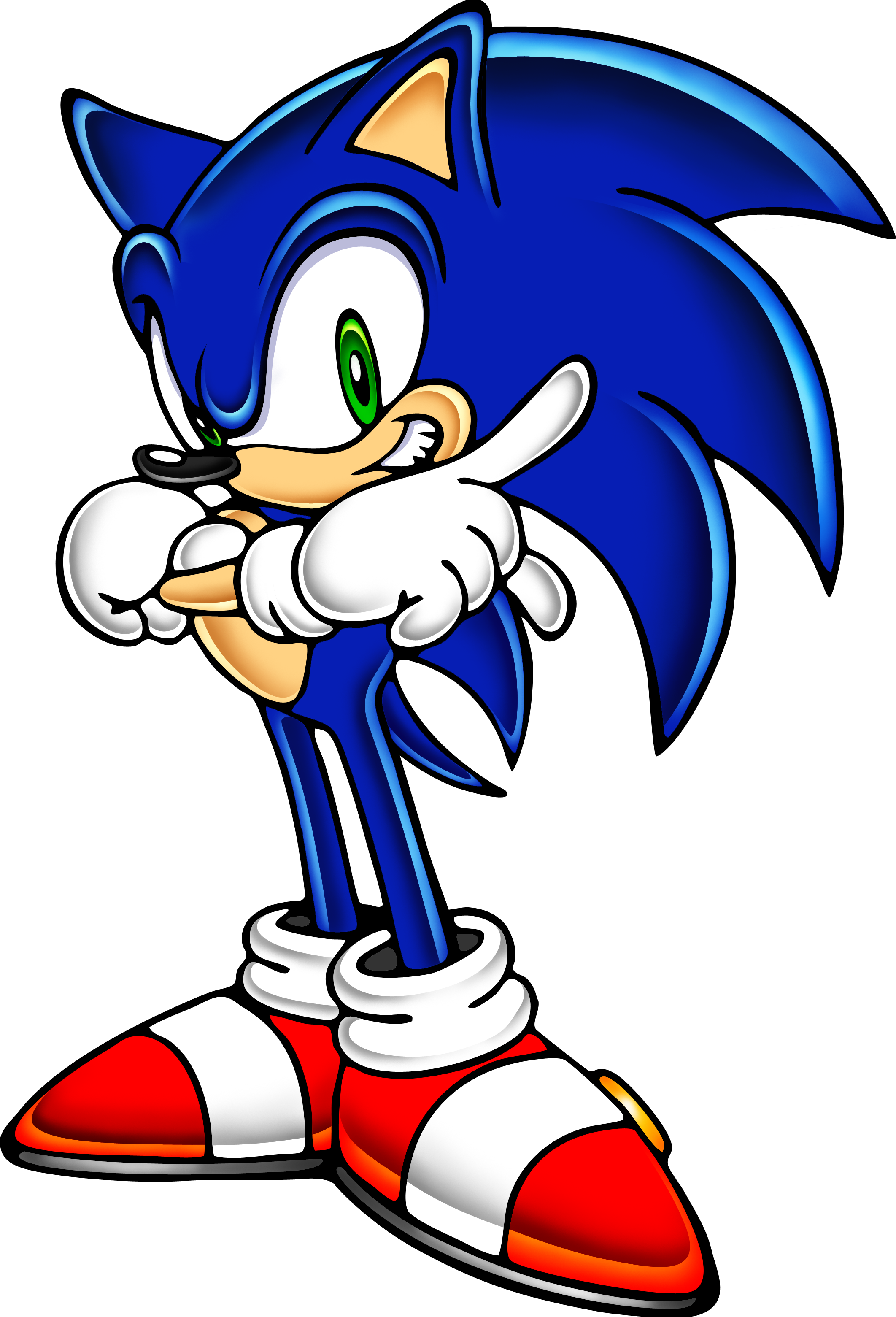 uekawa yuji, sonic the hedgehog, sega, sonic (series), sonic adventure, absurdres, highres, official art, animal ears, blue fur, dynamic pose, game console, gloves, green eyes, hedgehog, red shoes, sega dreamcast, shoes, sonic adventure pose, spiked hair, spikes, toon (style), video game, white gloves