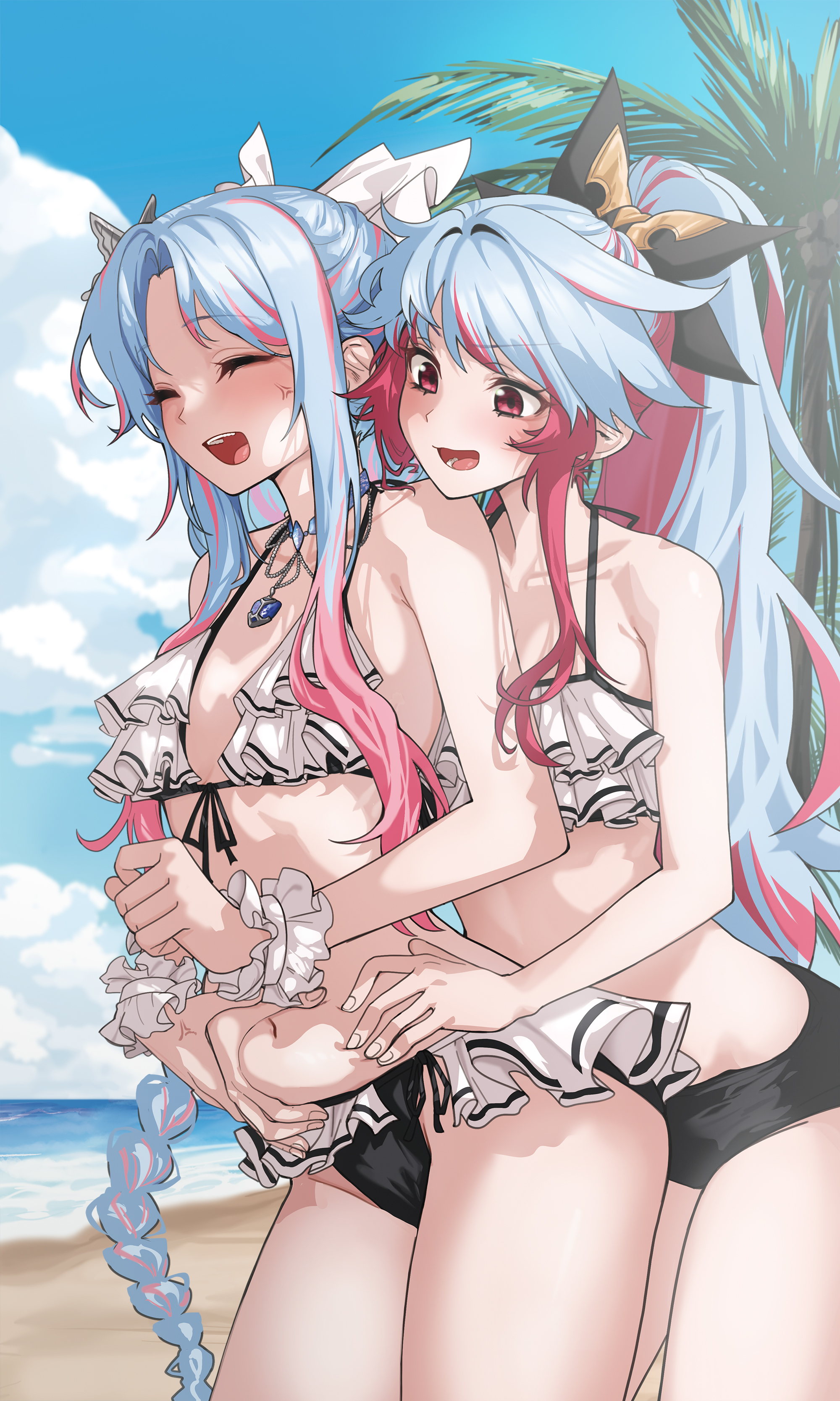 roan green, dungeon and fighter, absurdres, highres, 2girls, beach, bikini, bikini skirt, black bow, blue hair, bow, braid, breasts, closed eyes, frilled bikini, frills, grabbing another's stomach, grabbing from behind, looking at another, multicolored bikini, multicolored hair, multiple girls, navel, ocean, open mouth, outdoors, palm tree, ponytail, red eyes, red hair, small breasts, smile, swimsuit, tree, twin braids, two-tone bikini, two-tone hair, white bow