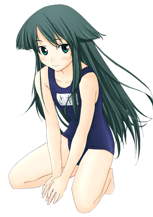 saya (saya no uta), saya no uta, 1girl, blue one-piece swimsuit, female focus, green eyes, green hair, long hair, matching hair/eyes, name tag, one-piece swimsuit, sayanouta, school swimsuit, solo, swimsuit