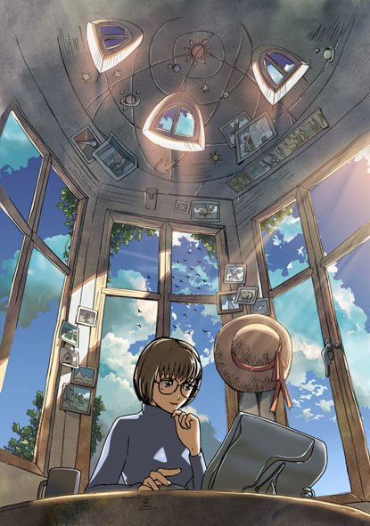 original, 1girl, brown hair, cloud, computer, cup, day, female focus, glasses, hat, light rays, long sleeves, photo (object), planet, solo, straw hat, sunbeam, sunlight, window