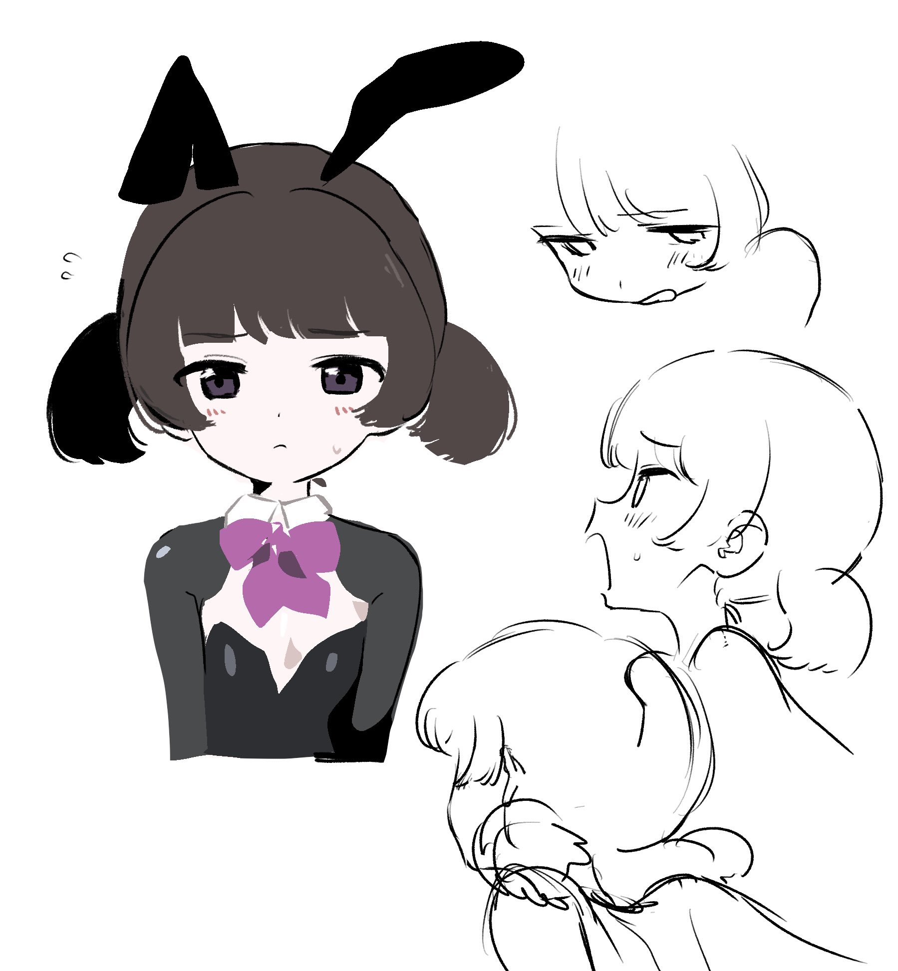 what a, original, highres, unfinished, 1girl, animal ears, black hair, blunt bangs, blush, bow, bowtie, fake animal ears, flying sweatdrops, leotard, looking at viewer, multiple views, playboy bunny, rabbit ears, short twintails, twintails, white background