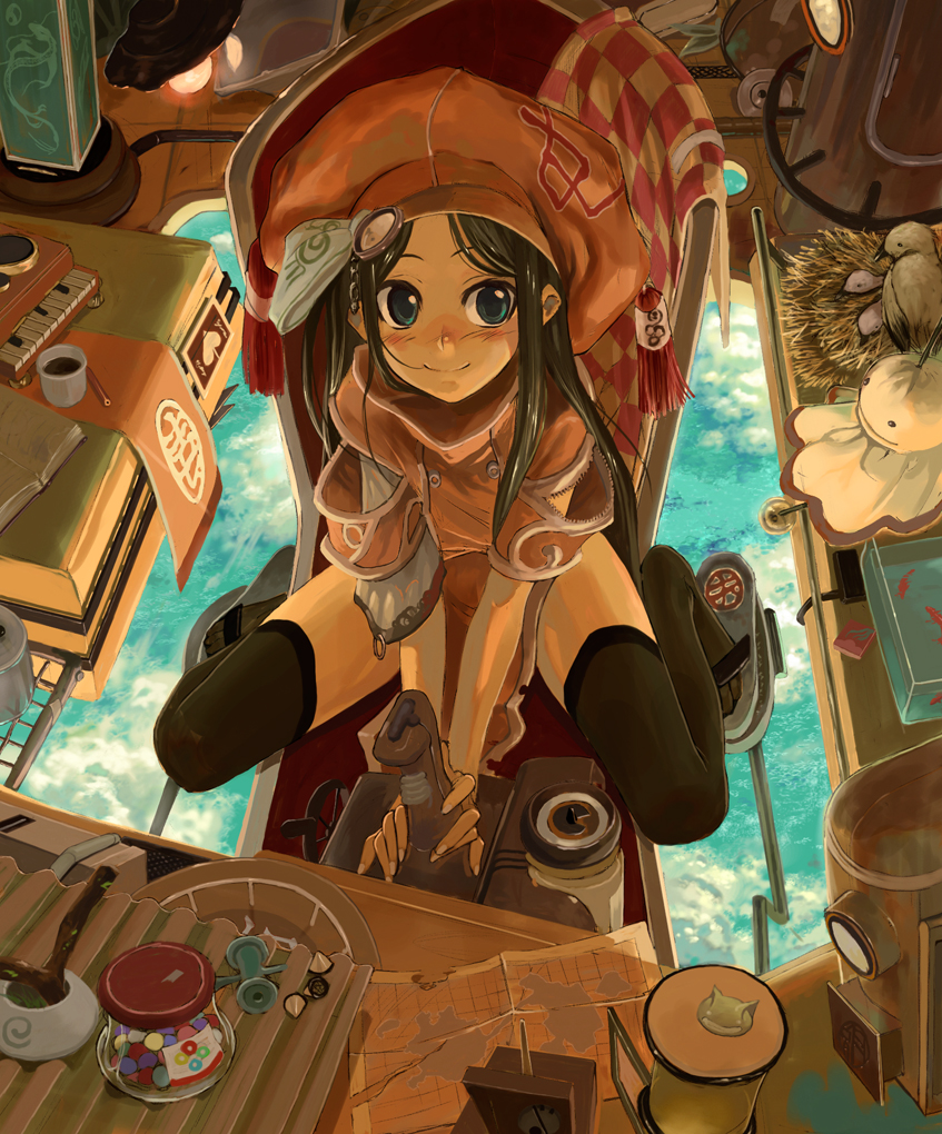 morii shizuki, original, 1girl, bird, bird nest, black hair, blue eyes, controller, female focus, flip-flops, hat, joystick, sandals, solo, teruterubouzu, thighhighs
