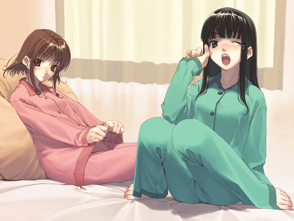 original, game cg, 2girls, barefoot, bed, clothes lift, feet, green pajamas, multiple girls, pajamas, pants, pink pants, shirt lift, sitting