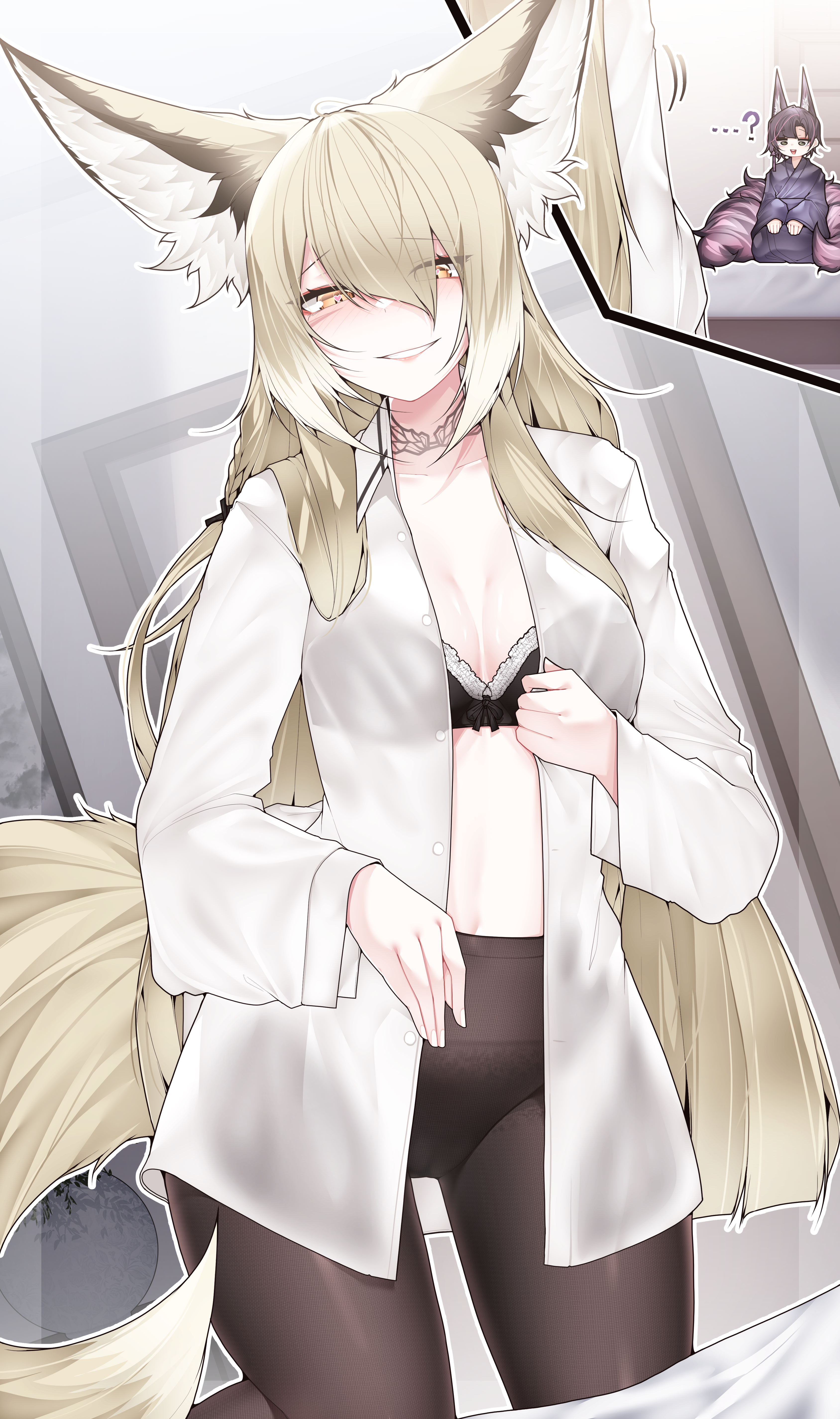 samip, suzuran's father (arknights), vulpisfoglia (arknights), arknights, absurdres, commentary request, highres, …?, 1boy, 1girl, alternate costume, animal ear fluff, animal ears, black bra, black choker, black pantyhose, blonde hair, blue kimono, bra, braid, breasts, choker, cleavage, collarbone, covered navel, cowboy shot, fingernails, fox boy, fox ears, fox girl, fox tail, frilled bra, frills, grin, hair tie, heart, heart in eye, husband and wife, indoors, japanese clothes, kimono, kitsune, kneeling, kyuubi, large breasts, long hair, long sleeves, motion lines, multiple tails, navel, on bed, open clothes, open mouth, open shirt, orange eyes, pantyhose, purple hair, purple tail, scar, scar on face, shirt, smile, stomach, symbol in eye, tail, teeth, unbuttoned, underwear, white shirt, yellow tail