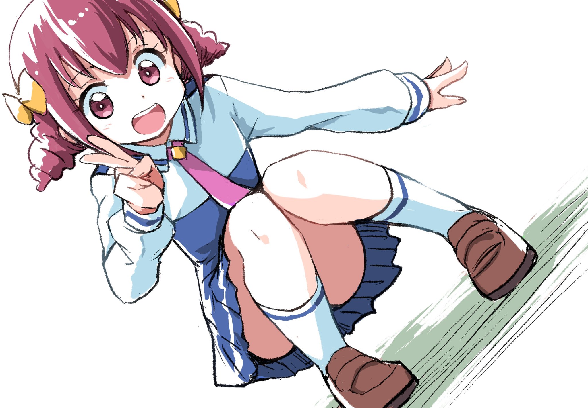 uraki, hoshizora miyuki, precure, smile precure!, highres, 1girl, :d, bow, hair bow, loafers, nanairogaoka middle school uniform, necktie, open mouth, pink eyes, pink hair, school uniform, shoes, short hair, skirt, smile, socks, solo, v, white background