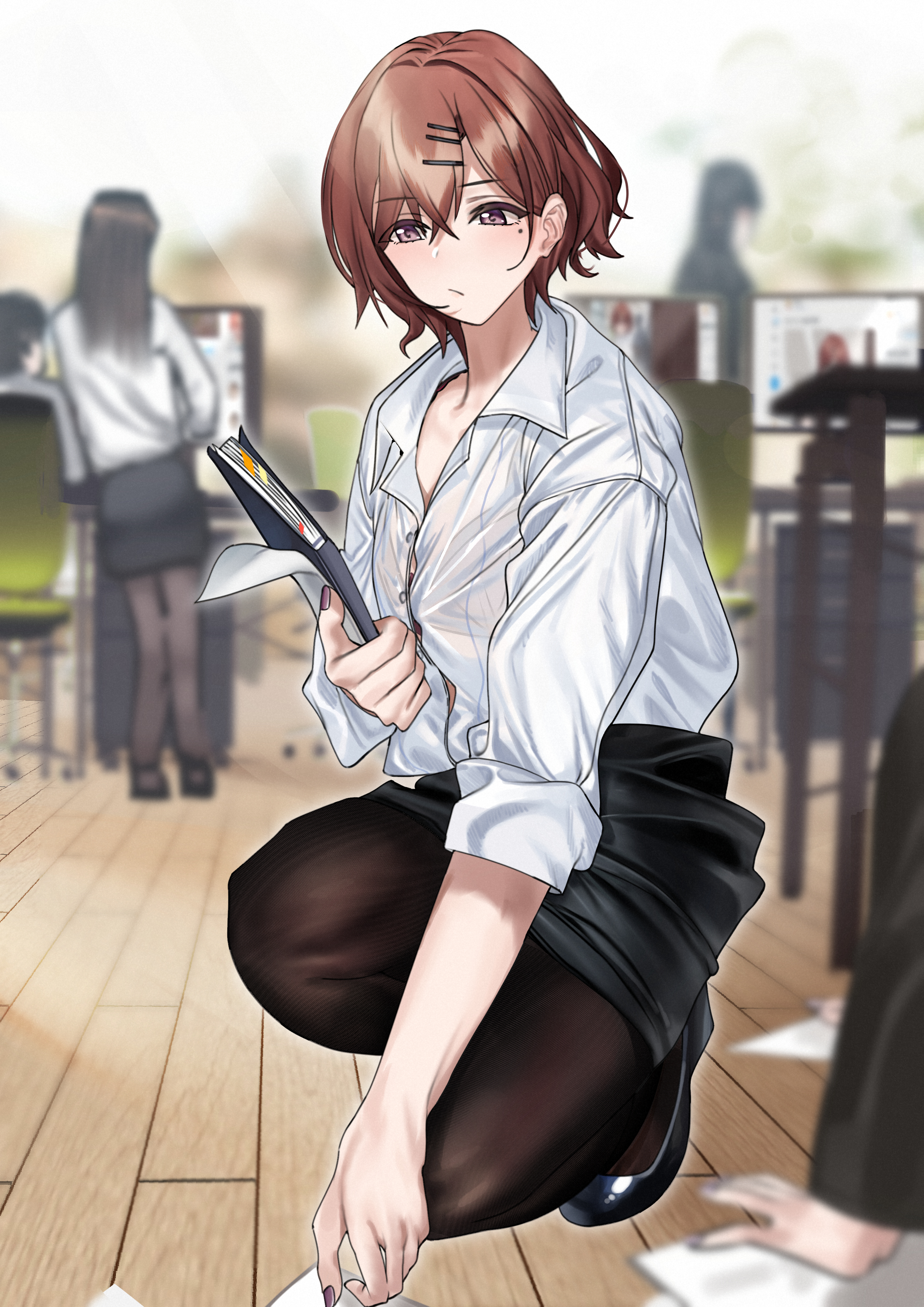 pol winner, higuchi madoka, idolmaster, idolmaster shiny colors, absurdres, highres, computer, monitor, office, office lady, pantyhose, pencil skirt, see-through clothes, shirt, skirt, white shirt
