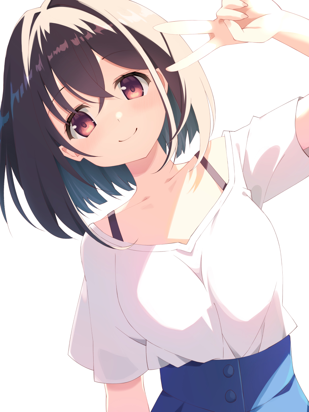 minase kaya, original, commentary, highres, symbol-only commentary, 1girl, black hair, blue skirt, blush, breasts, closed mouth, collarbone, crossed bangs, hair between eyes, hair intakes, hand up, high-waist skirt, large breasts, leaning to the side, medium hair, red eyes, shirt, short sleeves, sidelighting, skirt, smile, solo, split mouth, upper body, v, white shirt, wide sleeves
