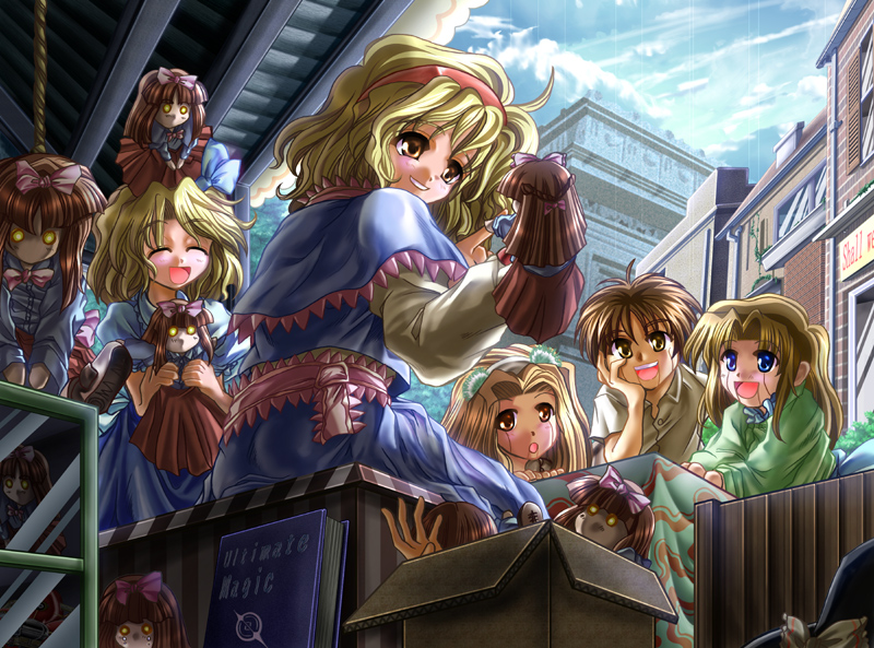 amamizu (myofuu kai), alice margatroid, alice margatroid (pc-98), hourai doll, mystic square, touhou, touhou (pc-98), 1boy, 4girls, ass, blonde hair, blue eyes, book, box, brown hair, building, creepy, day, doll, dual persona, glowing, glowing eyes, grimoire, grimoire of alice, hairband, hanging, happy, hat, head rest, horror (theme), long hair, long sleeves, multiple girls, open mouth, outdoors, puppet, sash, short hair, sitting, smile, tears, time paradox, witch hat, yellow eyes