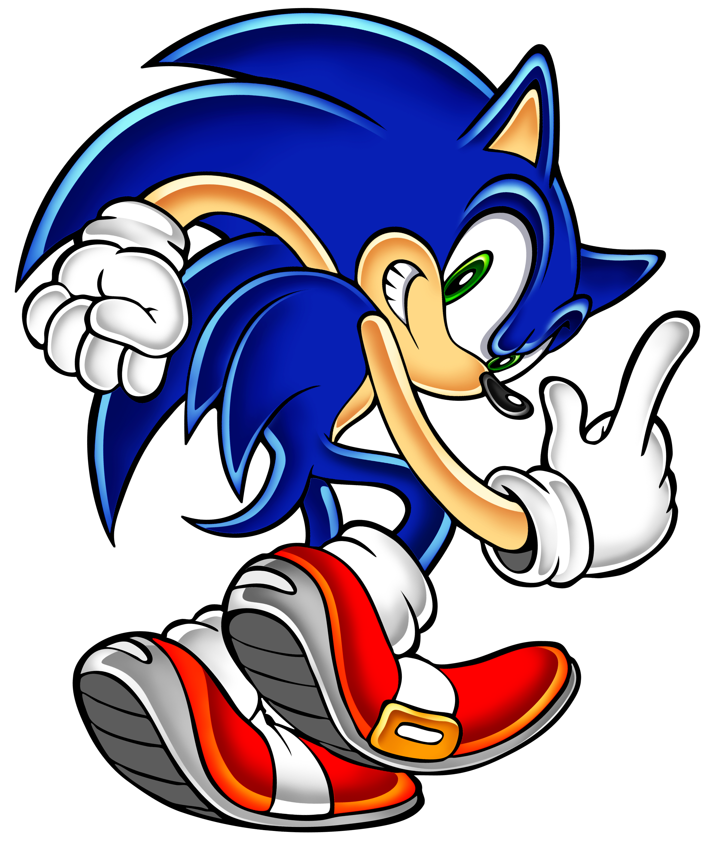 uekawa yuji, sonic the hedgehog, sega, sonic (series), sonic adventure, absurdres, highres, scan, album cover, animal ears, bent over, blue fur, copyright logo, cover, dynamic pose, floating, flying, game console, gloves, green eyes, head tilt, hedgehog, jumping, logo, poster (object), red shoes, sega dreamcast, shoes, sonic adventure pose, spiked hair, spikes, toon (style), video game, white gloves