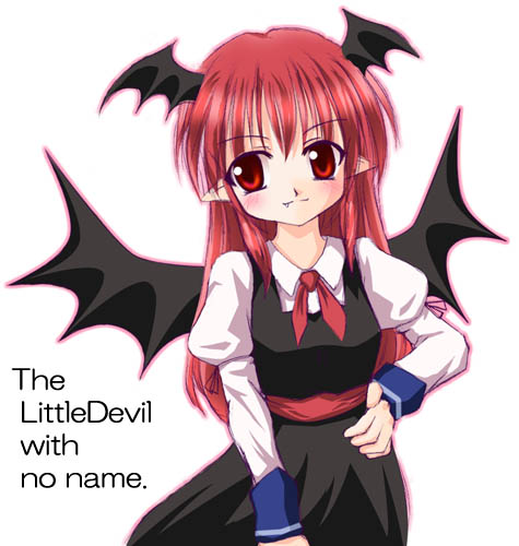 koakuma, embodiment of scarlet devil, touhou, artist request, lowres, 1girl, bat wings, english text, fang, female focus, head wings, red eyes, red hair, simple background, solo, wings
