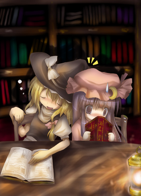 izumi yukiru, kirisame marisa, patchouli knowledge, touhou, 2girls, blonde hair, blush, book, chair, covered mouth, embarrassed, female focus, hat, library, multiple girls, sleeping, voile, witch hat, wooden chair